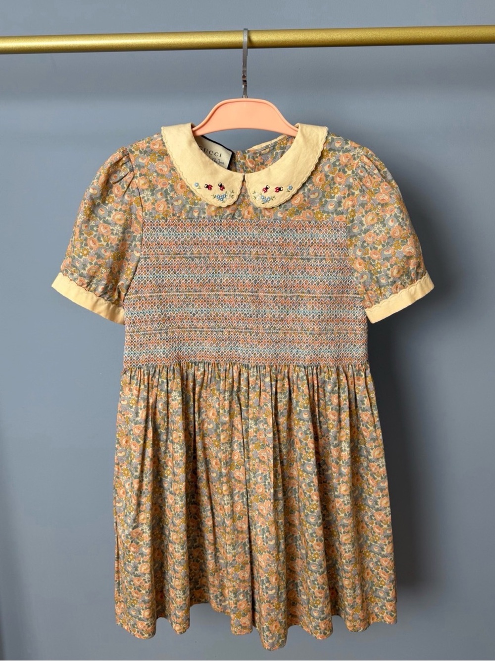 🚩steal Gucci Floral Smocked Dress with Pale Yellow Collar